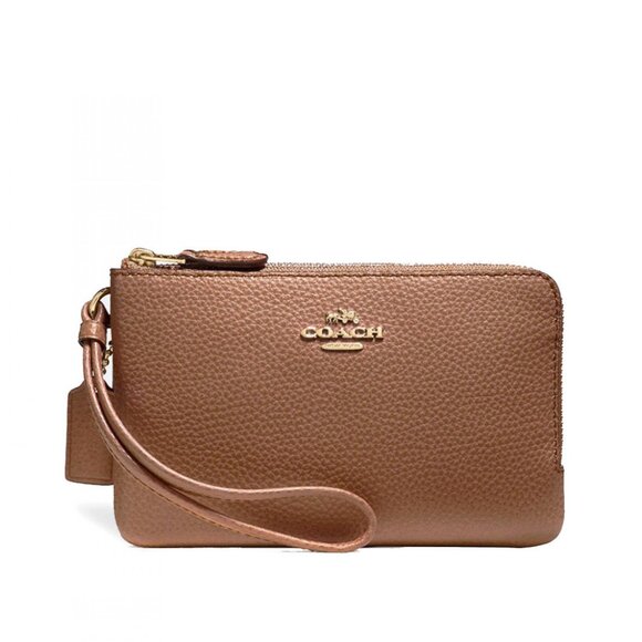 Coach Double Corner Zip Wristlet – Pebble Leather in Saddle - No Callouts - Picture 1 of 6
